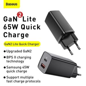 Baseus Chargeur 65W Gan 2 Lite Dual Port QC 3.0 PD 3.0 Type C et USB