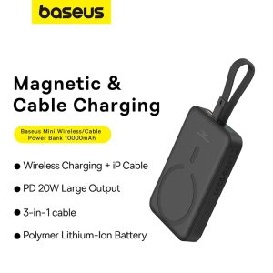 Baseus Magnetic Mini Power Bank 10000mah 20W Wireless avec Cable Lightning Intégré