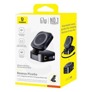 Baseus PicoGo Chargeur Magnétique Qi2 15W + 67W USB-C – Station de Charge 2-en-1 MagSafe avec Câble Rétractable – Support Sans Fil pour iPhone, MacBook, Samsung & Laptop maroc
