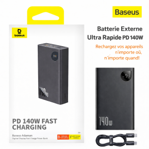 Baseus Adaman Power Bank 140W 24000mAh – Batterie Externe Charge Ultra Rapide PD 3.1 – Power Bank Laptop MacBook / iPhone / Samsung – Écran Digital – USB-C + USB-A