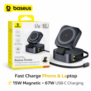 Baseus PicoGo Chargeur Magnétique Qi2 15W + 67W USB-C – Station de Charge 2-en-1 MagSafe avec Câble Rétractable – Support Sans Fil pour iPhone, MacBook, Samsung & Laptop maroc